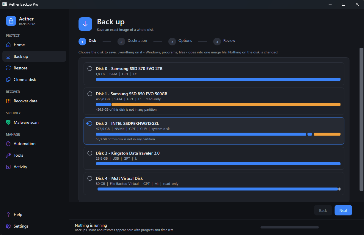 Backup wizard: choose the disk