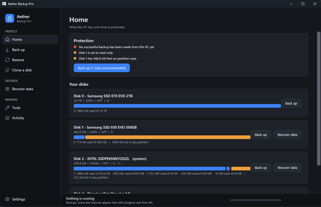 Aether Backup Pro home screen showing disks, partitions and unallocated space