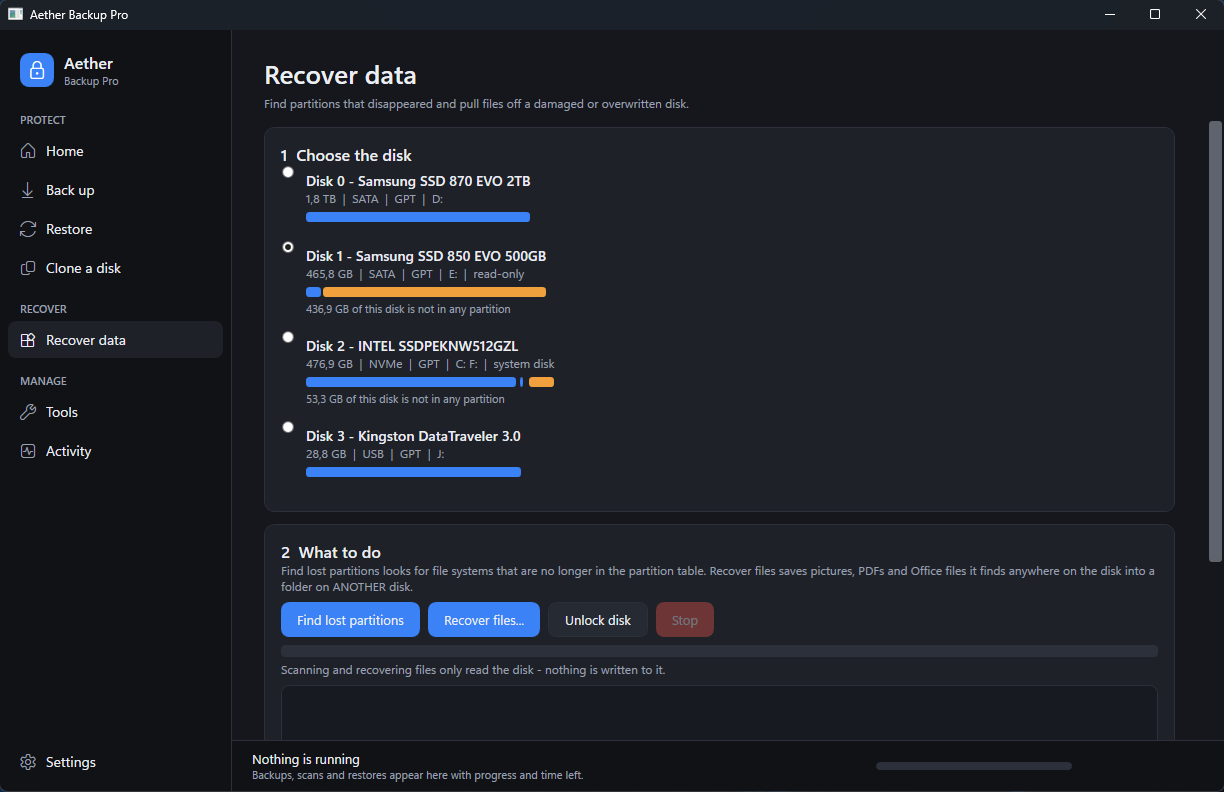 Recover data: find lost partitions and files